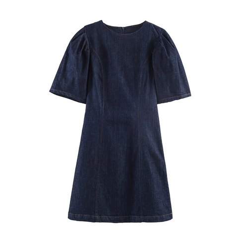 Abito Mini in Denim Casual da Donna Manica a Sbuffo Linea A Cuciture a Contrasto Girocollo Stile Occidentale Moda