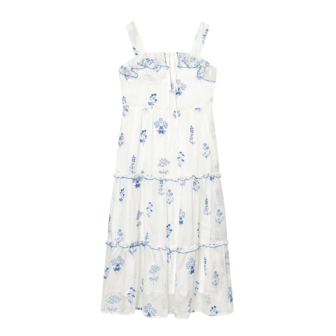 Damen Sexy Blaues Blumen Stickerei Cami Maxi Kleid Rüschen Gestuftes Kuchen Kleid Ärmellos Quadratischer Ausschnitt A-Linie Boho Kleid