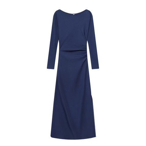 Vestido Largo Elegante para Mujer Con Cuello Barco Y Fruncido Manga Larga Ajustado Con Abertura Lateral Color Sólido Casual