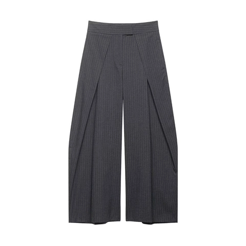 Pantalon Large à Taille Haute pour Femmes Rayures Mode Ample Droit Pantalon de Costume Gris Foncé Tissé Bureau Pantalon Femme