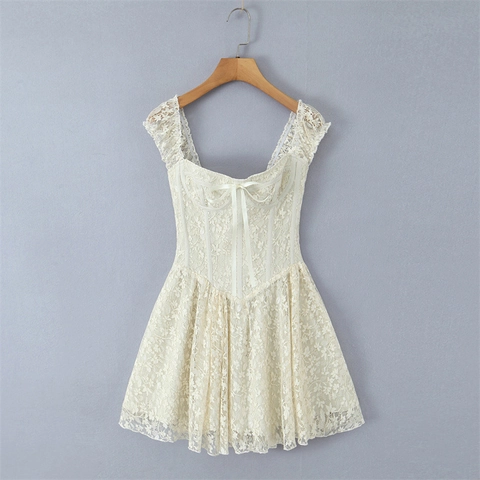 Vestito Mini in Pizzo Crema Donna Sexy Corsetto Retrò Francese Floreale Fiocco Maniche ad Ala Linea A Festa
