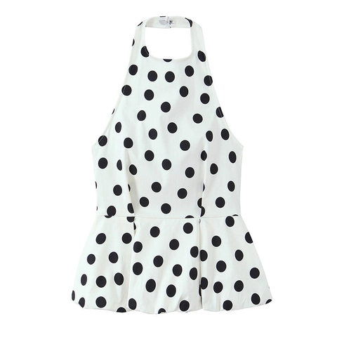 Damen Sexy Polka Dot Neckholder Top Rückenfrei Schößchen Ärmelloses Hemd Retro Weiß Und Schwarz Sommer Mode Top
