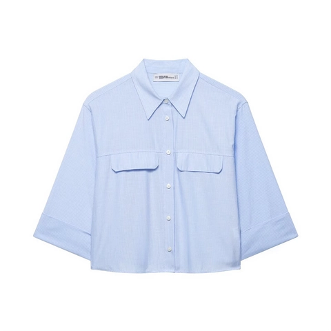 Women Casual Striped Short Sleeve Shirt Light Blue Vertical Stripe Button Up Blouse With Pockets Loose Fit Fashion Summer Top