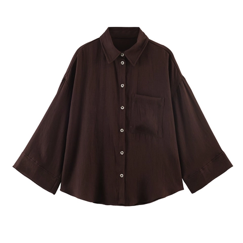 Camicetta da Donna Casual Oversized Manica Lunga Colletto a Punta Camicia Bottoni Con Tasca Tinta Unita Vestibilità Larga Top Primavera