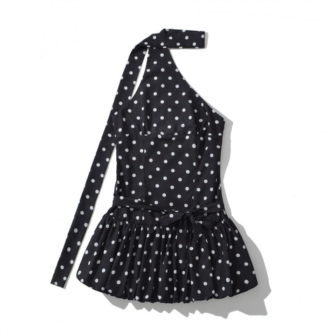 Women Fashion Halter Mini Dress Vintage Polka Dot Tie Waist Bubble Hem Sleeveless Party Dress Summer Elegant Style Clothes