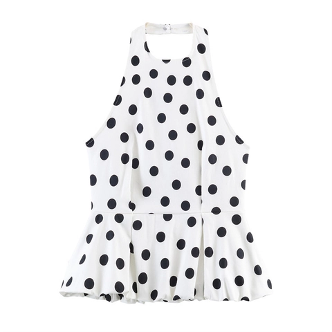 Haut Halter Sexy à Pois pour Femmes Dos Nu Sans Manches Ourlet à Volants Blouse en Polyester pour Fête Vacances Été Printemps