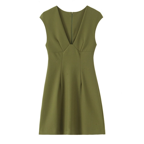 Abito Mini Senza Maniche con Scollo a V Sexy da Donna Elegante Vita Arricciata Linea A Abito da Festa Estivo Tinta Unita