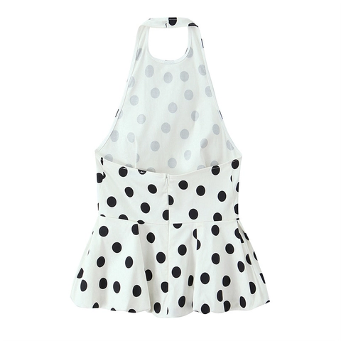Damen Sexy Polka Dot Neckholder Top Rückenfrei Schößchen Ärmelloses Hemd Retro Weiß Und Schwarz Sommer Mode Top