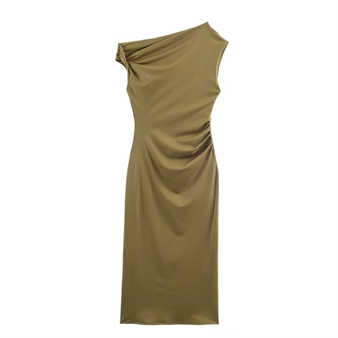 Abito Midi da Donna Sexy Monospalla con Increspature Slim Fit Scollo Asimmetrico Senza Maniche Tinta Unita Elegante Abito da Festa