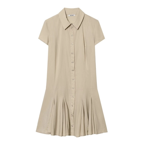 Vestido Camisero Informal Caqui de Manga Corta para Mujer con Botonadura Sencilla Vestido Corto Plisado Color Sólido Moda Verano
