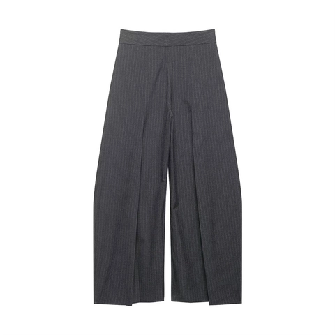 Pantalon Large à Taille Haute pour Femmes Rayures Mode Ample Droit Pantalon de Costume Gris Foncé Tissé Bureau Pantalon Femme