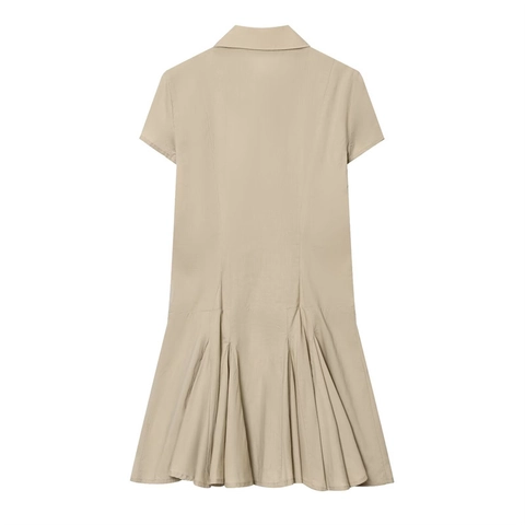 Vestido Camisero Informal Caqui de Manga Corta para Mujer con Botonadura Sencilla Vestido Corto Plisado Color Sólido Moda Verano