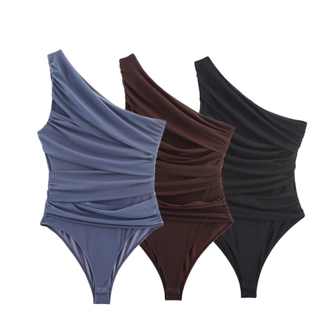 Γυναικείο Sexy Bodysuit με Έναν Ώμο από Δίχτυ με Σούρες Ασύμμετρο Αμάνικο Μονόχρωμο Slim Fit Bodycon Jumpsuit Top για Πάρτι