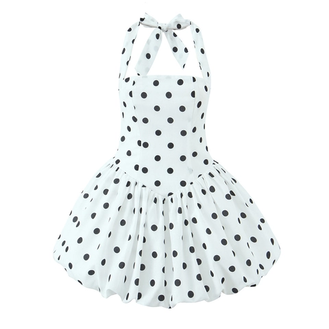 Women Vintage Polka Dot Halter Mini Dress French Sweet Sleeveless Bow Tie Open Back A-Line Flare Summer Party Short Dress