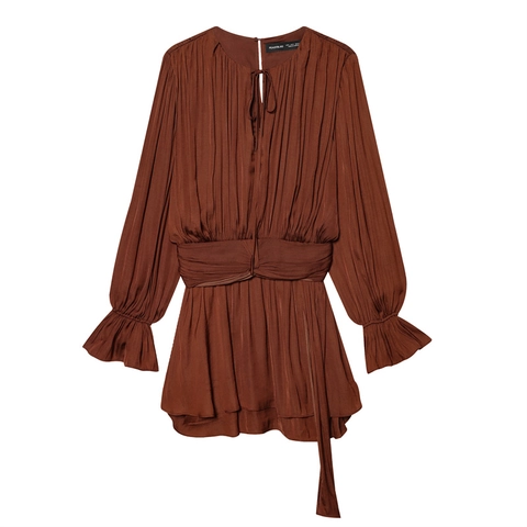Vestito Midi da Donna in Raso Plissettato Manica Lunga con Volant e Cinturino Aderente Tinta Unita Festa Autunnale