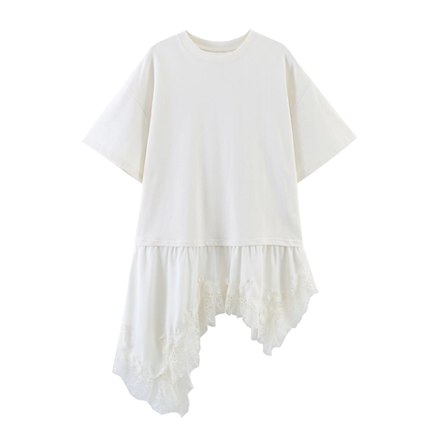 Women's Casual Short Sleeve T-Shirt Irregular Asymmetric Lace Patchwork Hem Round Neck Solid Color Summer Commuter Top