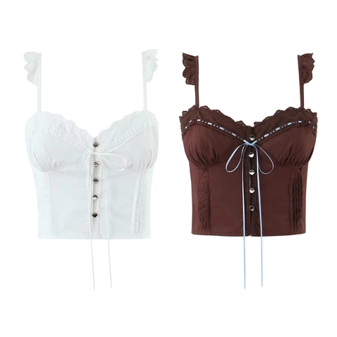 Top à Bretelles Bustier en Dentelle Vintage pour Femmes Avec Bretelles à Volants Nœud Boucle en Métal Crop Top d'Été