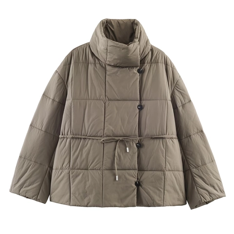 Women Fashion Short Quilted Jacket With Stand Collar Drawstring Waist Solid Color Button Down Winter Warm Cotton Padded Outwear