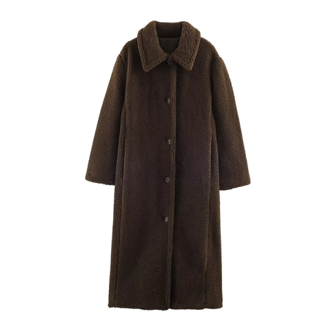 Cappotto Lungo in Pile Teddy Casual da Donna Monopetto Revers Sherpa Streetwear Autunno Inverno Caldo Caffè Tinta Unita Giacca