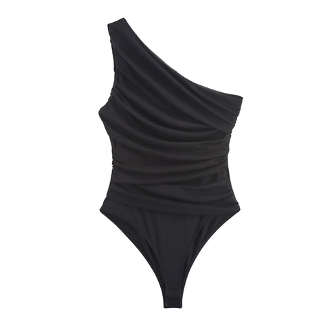 Γυναικείο Sexy Bodysuit με Έναν Ώμο από Δίχτυ με Σούρες Ασύμμετρο Αμάνικο Μονόχρωμο Slim Fit Bodycon Jumpsuit Top για Πάρτι