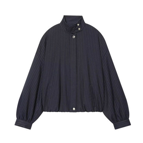 Dames Casual Krijtstreep Bomberjack Opstaande Kraag Polyester Rits Lantaarnmouwen Ruime Bovenkleding Marineblauw Mode Jas