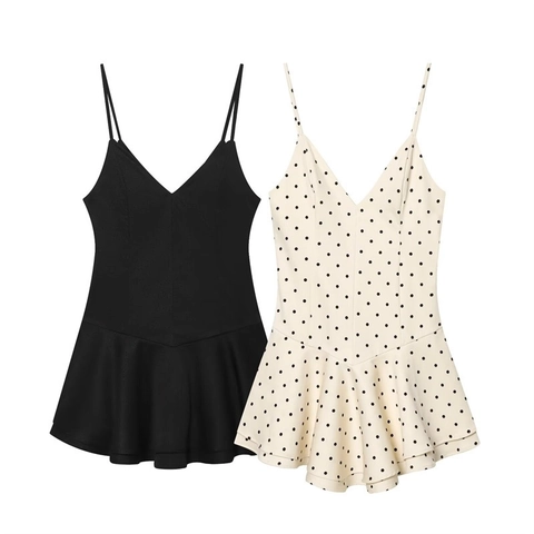 Women Sexy V Neck Camisole Romper Dress Polka Dot Solid Color Ruffle Hem Peplum Sleeveless Polyester Slim Fit Party Jumpsuit