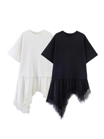 Women Casual Short Sleeve T-Shirt Asymmetric Lace Spliced Hem Round Neck Loose Cotton Blend Solid Color Commuter Fashion Top