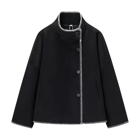 Cappotto Corto Donna Elegante in Misto Lana Collo Alto Punto a Mano Contrasto Giacca Larga Monopetto Manica Lunga