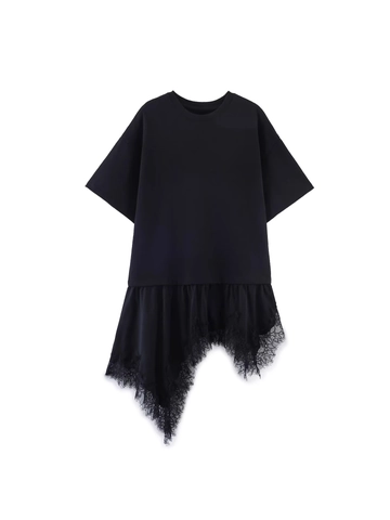Women Casual Short Sleeve T-Shirt Asymmetric Lace Spliced Hem Round Neck Loose Cotton Blend Solid Color Commuter Fashion Top