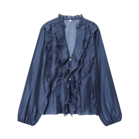 Women's Elegant V-Neck Long Sleeve Ruffle Blouse Solid Color Satin Feel Commute Shirt Top For Office Daily Wear