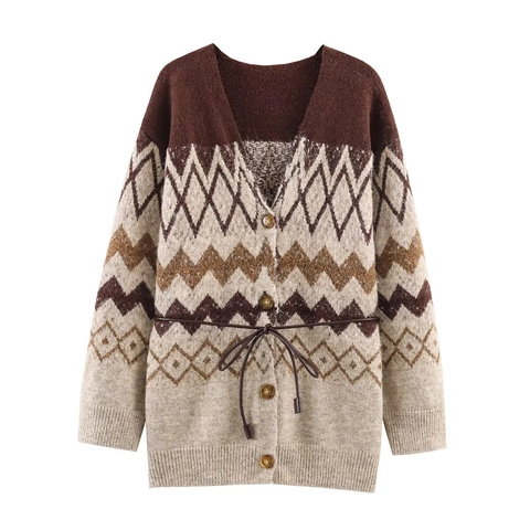 Women Vintage Geometric Jacquard Knit Cardigan V-Neck Long Sleeve Loose Sweater Jacket With Belt Autumn Winter Outwear