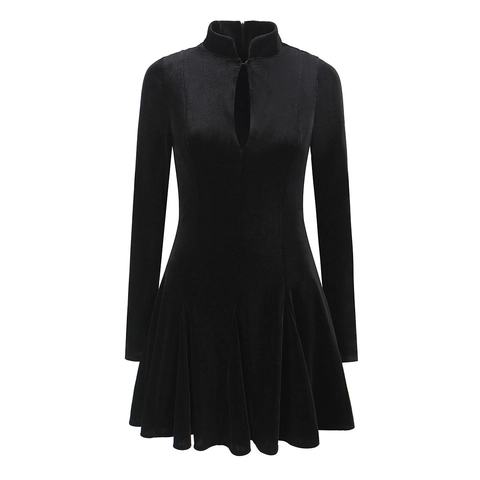 Vestito Mini da Donna Vintage Nero Consistenza Vellutata Elegante Collo Lupetto Intaglio Manica Lunga Linea A Plissettato Slim Fit