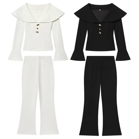 Outfit Donna Moda Casual Top Con Grande Bavero E Pantaloni A Zampa Eleganti Bottoni Oro Manica Lunga Abito Streetwear Ufficio