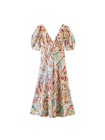 French Vintage Women Abstract Tropical Floral Print V-Neck Puff Sleeve Midi Dress Casual High Waist A-Line Vacation Dress
