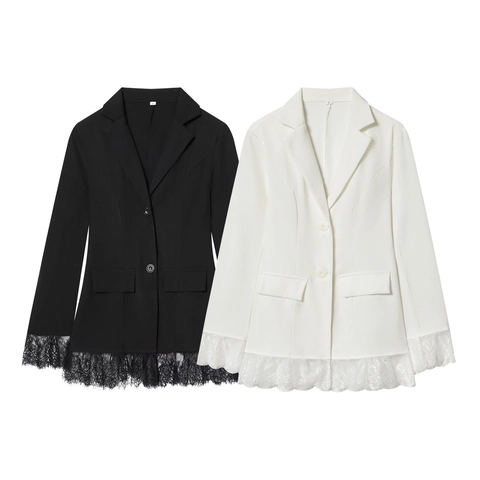 Elegante Kant Patchwork Getailleerde Dames Blazer Lange Mouw Notched Lapel Geknoopte Kantoor Woon-werkverkeer Top
