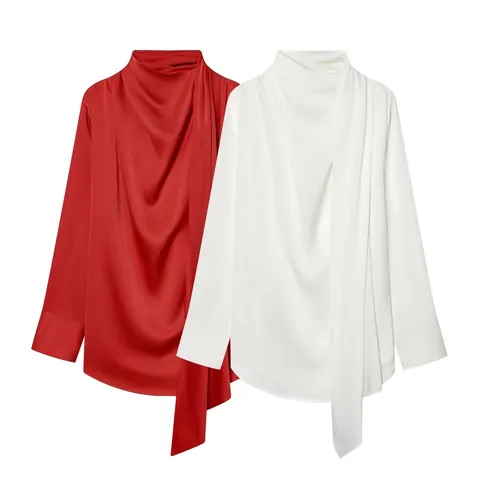Damen Elegante Satin Langarm Bluse Schalkragen Stehkragen Einfarbig Casual Büro Lady Hemd Top Weiß Rot