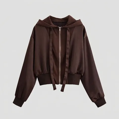Women Casual Cropped Hooded Jacket 100% Polyester Long Sleeve Zip Up Hoodie With Drawstring Ribbed Trim Winter Outerwear