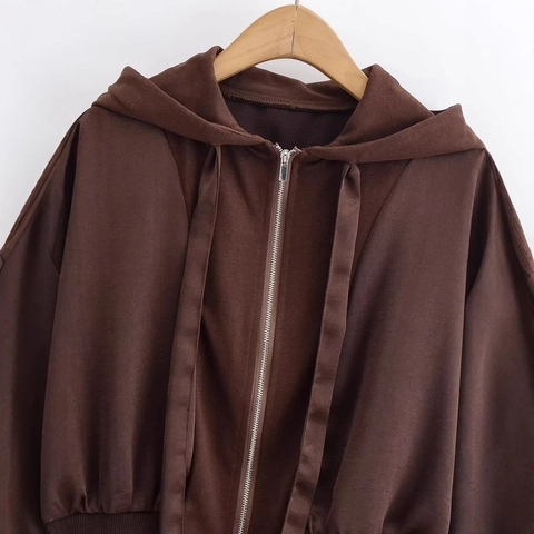 Women Casual Cropped Hooded Jacket 100% Polyester Long Sleeve Zip Up Hoodie With Drawstring Ribbed Trim Winter Outerwear