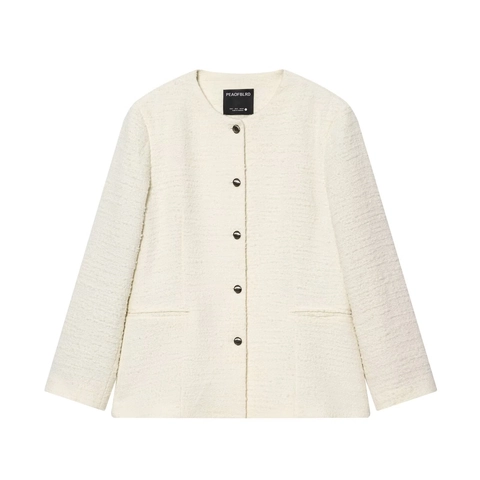 Women Elegant Tweed Jacket Round Neck Single Breasted Metal Button Blazer Cream White Textured Casual Long Sleeve Coat