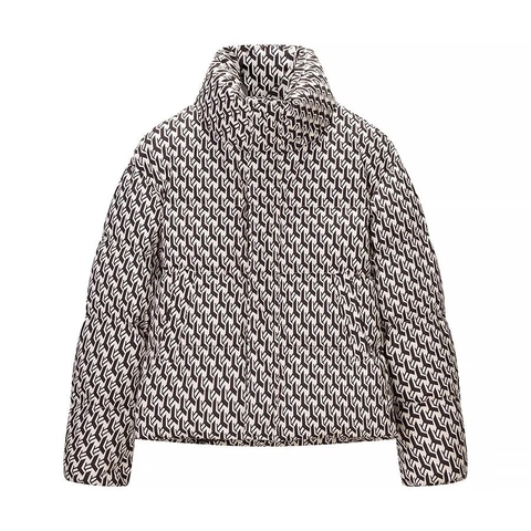 Women Geometric Monogram Print Padded Jacket Winter Stand Collar Long Sleeve Quilted Warm Streetwear Puffer Coat Outerwear