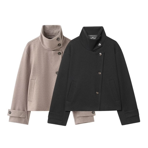 Chaqueta de Lana de Color Sólido para Mujer Cuello de Embudo Asimétrico Monopetto Abrigo Corto Streetwear Ropa de Invierno
