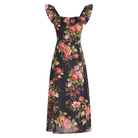 Abito Midi con Stampa Floreale Rétro Francese Donna Estate Elegante Scollo Quadrato Slim Fit Spacco Laterale Senza Maniche in Poliestere