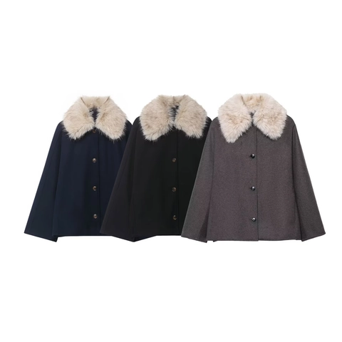Chaqueta de Invierno para Mujer Con Cuello de Piel Sintética Color Sólido Abrigo de Mezcla de Lana de Manga Larga Ropa de Abrigo Cálida