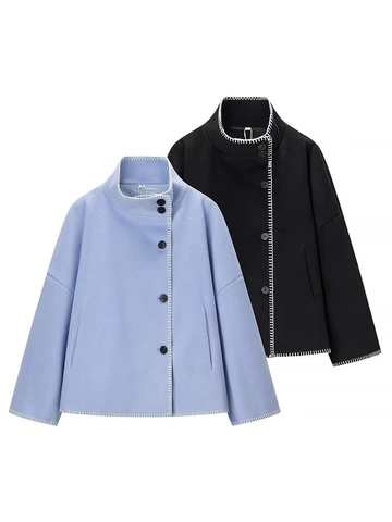Fashion Casual Opstaande Kraag Wollen Kort Jasje Contraststiksels Verlaagde Schouder Losse Lange Mouwen Bovenkleding Knoopmantel Dames