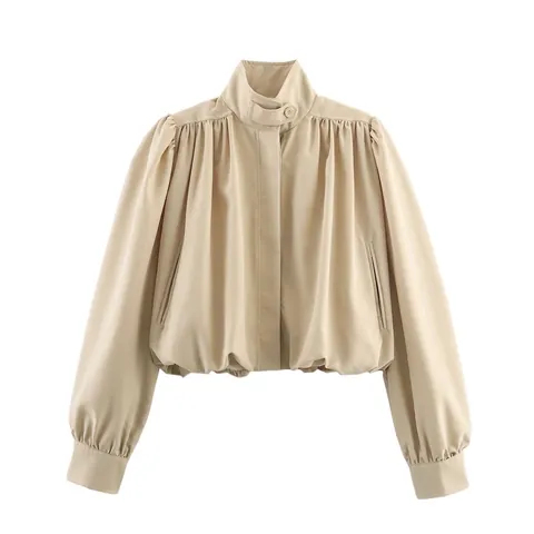 Women Street Fashion Stand Collar Short Jacket Lantern Sleeve Pleated Solid Color Crop Top Casual Outerwear Apricot