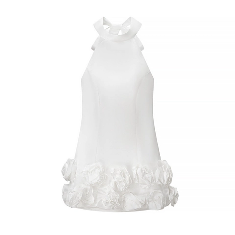 Damen Satin Neckholder Minikleid Mit 3D Blumensaum Und Rückenschleife Elegant Rückenfrei Party Abendkleid