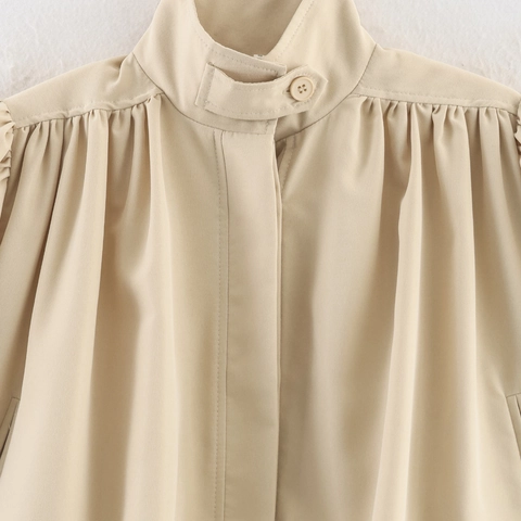 Women Street Fashion Stand Collar Short Jacket Lantern Sleeve Pleated Solid Color Crop Top Casual Outerwear Apricot