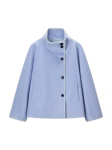 Fashion Casual Opstaande Kraag Wollen Kort Jasje Contraststiksels Verlaagde Schouder Losse Lange Mouwen Bovenkleding Knoopmantel Dames