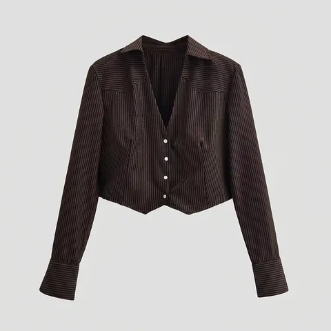 Camicia Corta da Donna Casual a Righe Caffè Scollo a V Manica Lunga con Bottoni Blusa Top Streetwear Poliestere