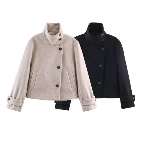 Women Street Fashion Stand Collar Woolen Short Coat Solid Color Asymmetrical Button Jacket Winter Warm Outerwear